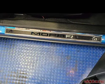 American Car Craft Carbon Fiber Door Sills w/392 HEMI Brushed Lettering w/Green LED Illumination 2pc Dodge Challenger 2015-2024 - ACC-151089-GRNL