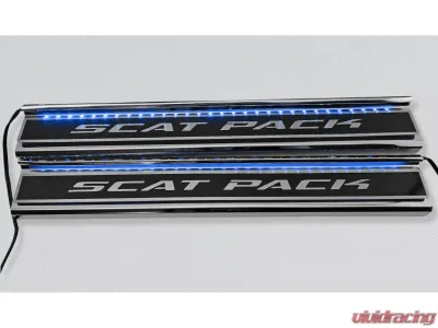 American Car Craft Carbon Fiber Polished Front Door Sills w/ "SCATPACK" Brushed Lettering | Logo 2pc | Blue LED Dodge Charger 2015-2024 - ACC-331101-BLUL