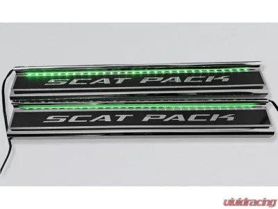 American Car Craft Carbon Fiber Polished Front Door Sills w/ "SCATPACK" Brushed Lettering | Logo 2pc | Green LED Dodge Charger 2015-2024 - ACC-331101-GRNL