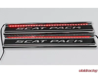 American Car Craft Carbon Fiber Polished Front Door Sills w/ "SCATPACK" Brushed Lettering | Logo 2pc | Red LED Dodge Charger 2015-2024 - ACC-331101-RDL