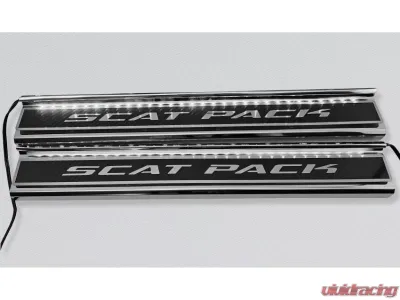 American Car Craft Carbon Fiber Polished Front Door Sills w/ "SCATPACK" Brushed Lettering | Logo 2pc | White LED Dodge Charger 2015-2024 - ACC-331101-WHTL