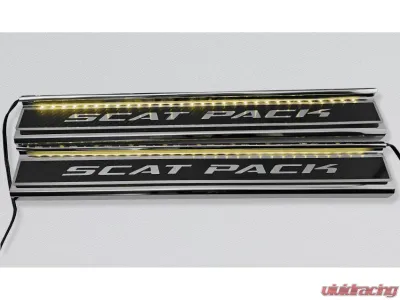 American Car Craft Carbon Fiber Polished Front Door Sills w/ "SCATPACK" Brushed Lettering | Logo 2pc | Yellow LED Dodge Charger 2015-2024 - ACC-331101-YLWL