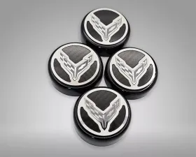 American Car Craft Black Cap Set with Carbon Fiber Insert and Crossed Flag Logo