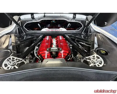 American Car Craft Carbon Fiber Shock Tower Covers w/ Brushed Trim & Insert Flag Chevrolet Corvette C8 2021-2025 - ACC-883212