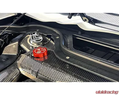 American Car Craft Brushed Shock Tower Covers w/ Perforated Insert Flag & Real Carbon Fiber Chevrolet Corvette C8 2021-2025 - ACC-883213