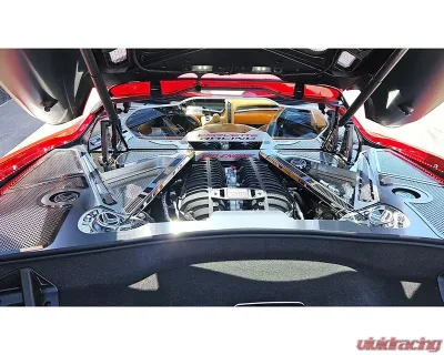 American Car Craft Brushed Shock Tower Covers w/ Perforated Insert Flag & Real Carbon Fiber Chevrolet Corvette C8 2021-2025 - ACC-883213