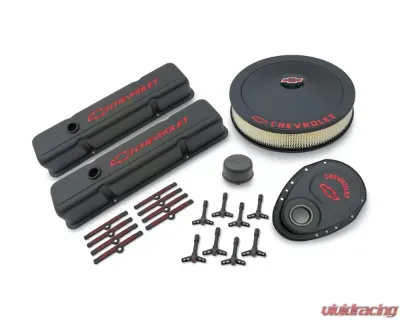 Pro Form Dress-Up Kit w/ Reccessed Red Bowtie & Lettering Black Crinkle Finish Chevy Small Block 262-400 V8 Engines 1959-1986 - 141-758