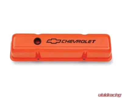 Pro Form Chevy Valve Covers w/ Recessed Bowtie & Chevrolet Emblem Chevy Orange Finish Chevy Small Block 262-400 V8 Engines 1959-1986 - 141-784