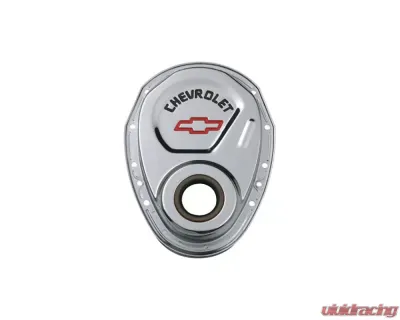 Pro Form Timing Chain Cover w/ Oil Seal Recessed Red/Black Emblems Chrome Finish Chevy Small Block 262-400 V8 1958-1991 - 141-904