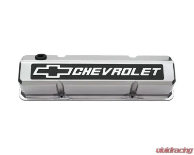 Pro Form Slant-Edge Valve Covers Tall Style w/ Recessed/Raised Blackfield Emblems Polished Finish Pair Chevy Small Block 262-400 V8 Engines 1959-1986 - 141-920