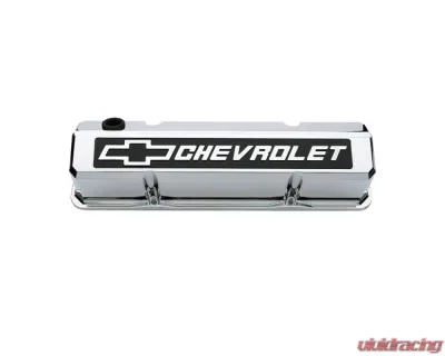Pro Form Slant-Edge Valve Covers Tall Style w/ Mill Raised Blackfield Emblems Chrome Finish Pair Chevy Small Block 262-400 V8 Engines 1959-1986 - 141-922