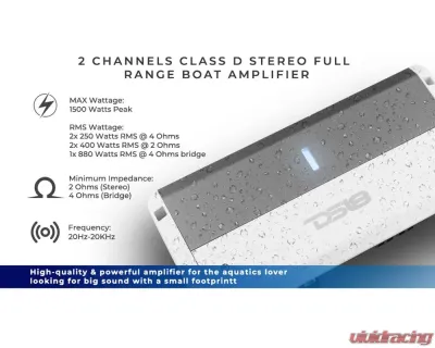 DS18 NXL 2-Channel Full-Range Class D IPX5 Marine and Powersports Amplifier 2 x 250 Watts Rms @ 4-Ohm - NXL-M2