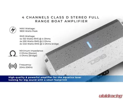 DS18 NXL 4-Channel Full-Range Class D IPX5 Marine and Powersports Amplifier 2 x 150 Watts Rms @ 4-Ohm - NXL-M4