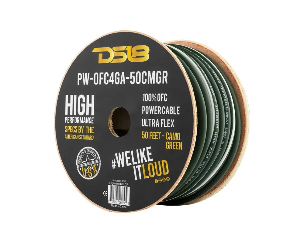 DS18 50 Feet Camo Green 4-GA Ultra Flex 100 Percent OFC Ground Power Cable - PW-OFC4GA-50CMGR