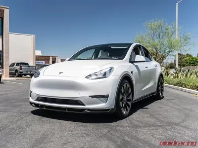 RW Carbon DTM Full Carbon Fiber Front Lip Spoiler w/ SLiPLO Anti-Scrape Kit Tesla Model Y 2020-2023 - tesla021-1