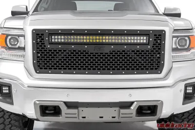 Rough Country Mesh Grille with 30 Inch Dual Row LED for 2014-2015 GMC Sierra Black Amber DRL - 70190BDA