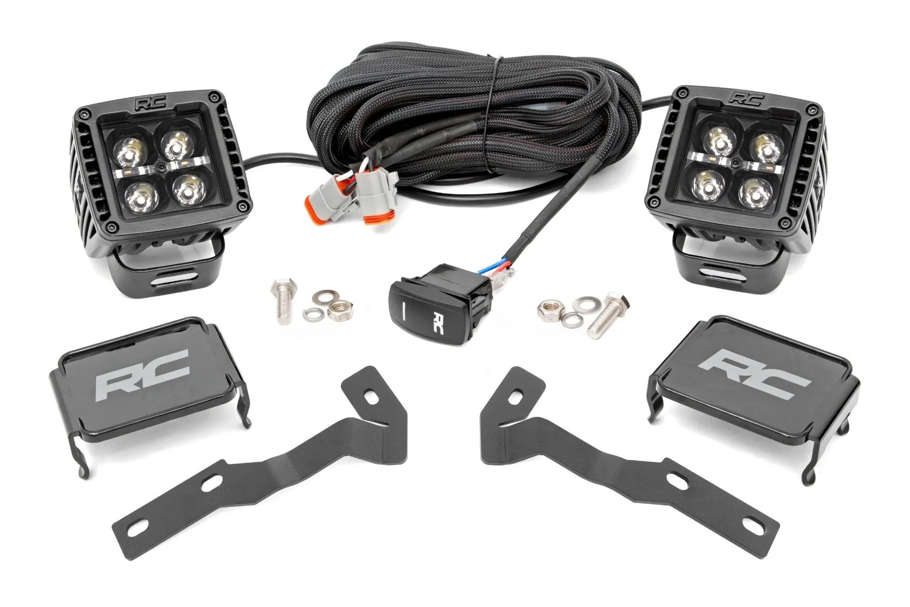 Rough Country LED Light Kit Ditch Mount 2" Black Pair White DRL Toyota Tacoma 16-23 - 71082