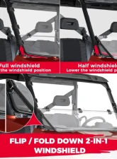 Kemimoto 2-in-1 Flip Up Full Windshield Polaris Ranger 1000 / XP 1000 / Crew 2017-2023                                     - B0110-05702CL - Image 3