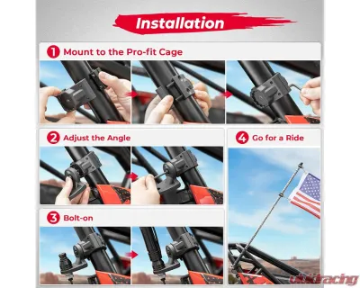 Kemimoto UTV Whip Mount Flag1.75''-2'' Roll Bar Cage Polaris RZR Turbo / Maverick / Commander - B0111-02507BK