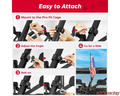 Kemimoto UTV Pro- Flag Mount Whip Light Adjustable Whip Mounting Bracket - B0111-10601BK