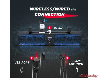 Kemimoto UTV Sound Bar RGB 26'' Bluetooth Multicolor Lights 500W Amplifier 1.75''-2'' Roll Bar - B0117-01801BK