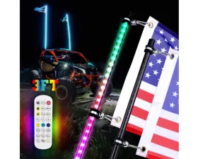Kemimoto 3ft Black Limited LED Whip Light 366 colors 2pc w/ RF Remote Control
