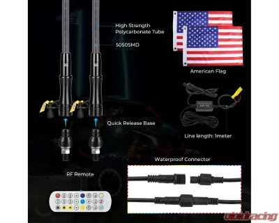Kemimoto 3ft Black Limited LED Whip Light 366 colors 2pc w/ RF Remote Control - B0804-01001BK