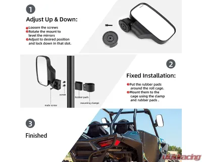 Kemimoto Side | Rear Mirror w/ 1.75" - 2" Roll Bar Cage Polaris RZR / Maverick X3 - BZH0221-02