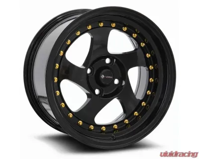 Vors Wheels VR2 15x8 4x100 20mm All Black Gold Rivet - VR02158040020BK