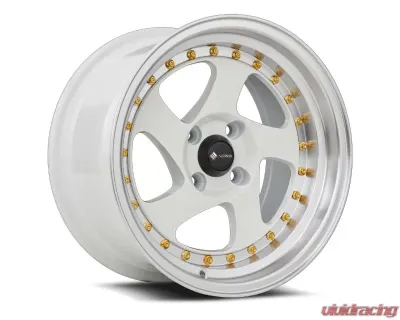 Vors Wheels VR2 15x8 4x100 20mm White Machine Lip Gold Rivet - VR02158040020W