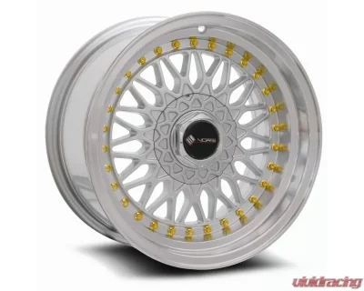 Vors Wheels VR3 15x8 4x100|4x114.3 20mm Silver Machine Lip Gold Rivet - VR0315808H20S