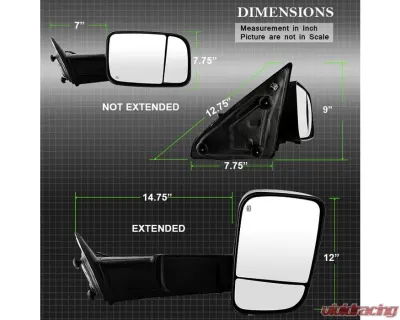 Xtune Right Passenger Side Manual Extendable Power Heated Adjust Mirror with LED Signal Black Housing Dodge Ram | Ram 2009-2012 - MIR-DRAM09S-PWH-R