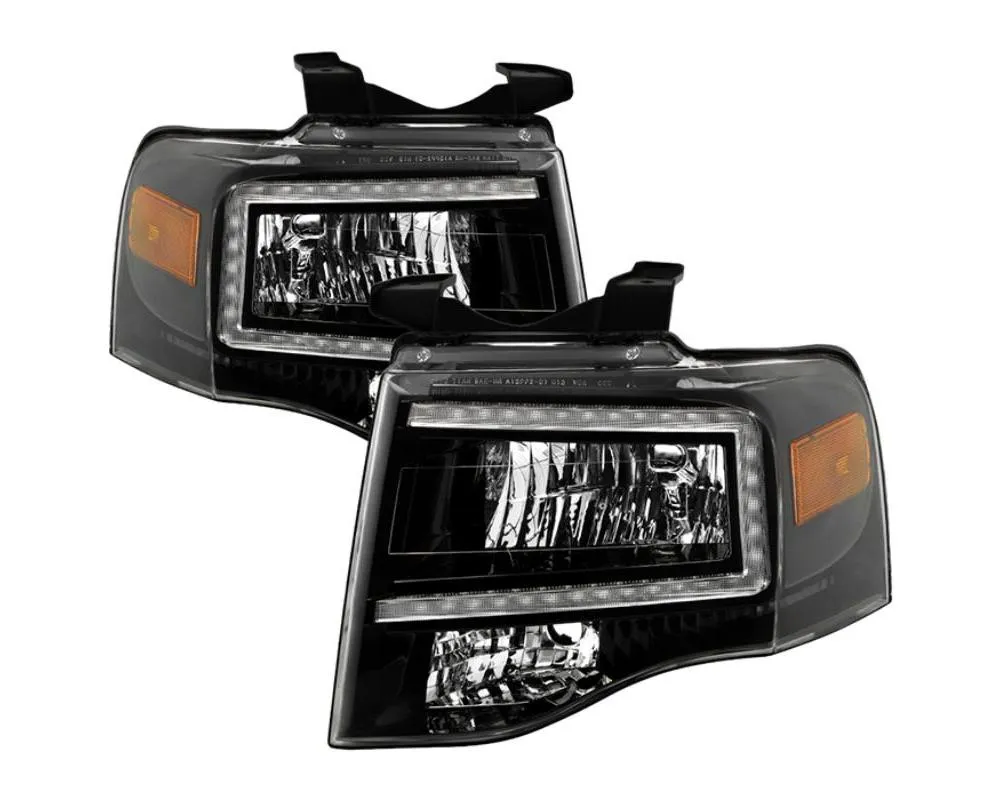 Xtune Headlights w/ Light Bar Black Ford Expedition 2007-2014 - HD-JH-FE07-LB-BK