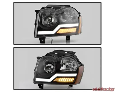 Xtune Headlights w/ LED Light Bar Black Jeep Grand Cherokee 2005-2007 - HD-JH-JGC05-LB-BK