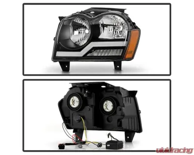 Xtune Headlights w/ LED Light Bar Black Jeep Grand Cherokee 2005-2007 - HD-JH-JGC05-LB-BK