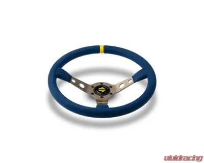 MOMO MOD. 07 350mm Blue Microfiber Brushed Anthracite Anodized Single Yellow Stripe Steering Wheel - R1905/35MBL