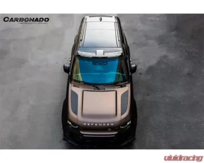 Carbonado DryCF Rock Style Front Roof Spoiler w/ LED Light Land Rover Defender 2020-2024 - DRYCFDefender-BF-Rock-FRS