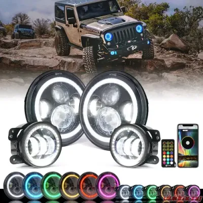 Xprite 7" Aura Series LED Headlight & Fog Light Jeep Wrangler JK JKU 2007-2018 - HL-90W-G2-RGB-KIT