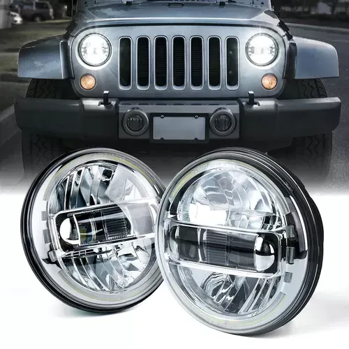 Xprite 7" Chrome Envision Series 60W LED Headlights With Halo DRL Jeep Wrangler | Hummer H1 1992-2018 - HL-R7IN-G13-CH