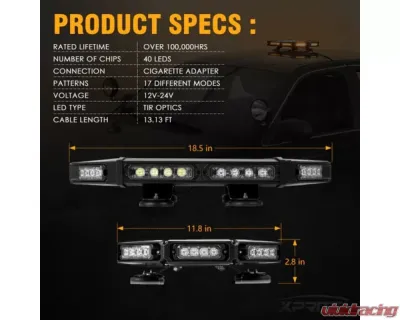 Xprite 18inch White | Amber Emergency Strobe Light Bar | Mini Black Hawk Series - SL-B419-18IN-G1-WY