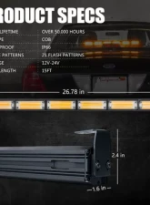 Xprite 27inch Amber G2 Vigilante Series 30W Traffic Advisor COB LED Strobe Light Bar with Suction Cup Brackets                                     - SL-C23-6-G2-Y - Image 7