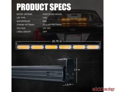 Xprite 27inch Amber G2 Vigilante Series 30W Traffic Advisor COB LED Strobe Light Bar with Suction Cup Brackets - SL-C23-6-G2-Y