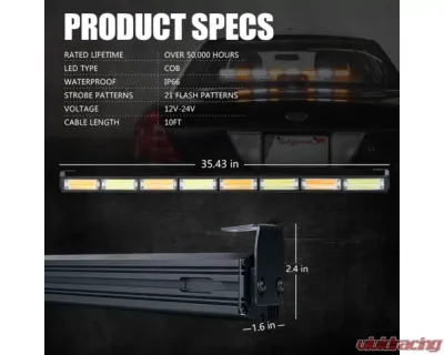 Xprite 35inch White | Amber G2 Vigilante Series 40W Traffic Advisor COB LED Strobe Light Bar with Suction Cup Brackets - SL-C23-8M-G2-WY
