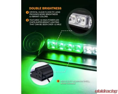 Xprite USA Windshield Dash Strobe Lights Green - WSL-G3-16IN-G