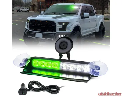 Xprite USA Windshield Strobe Light with Suction Cups White/Green - WSL-G2-8IN-WG
