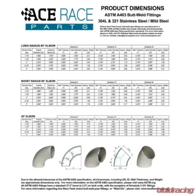 VTT 11/2" 10 Schedule Short Radius 90 Ace Race 321 Stainless Weld Els - VTT-ACE-321-ELS-112-SR90-10