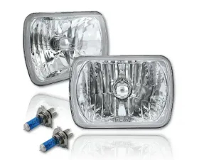 Octane Lighting 7X6 Crystal Clear Glass Lens Metal Headlight H4 Halogen Light Bulb Headlamp Pair