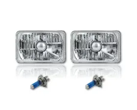 Octane Lighting 4X6 Diamond Crystal Clear Glass Lens Metal Headlight H4 Light Bulb Headlamp Pair
