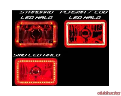 Octane Lighting 4X6 Inch Red LED COB Halo Crystal Glass/Metal Headlight Light Bulb Headlamp Pair - OL-203