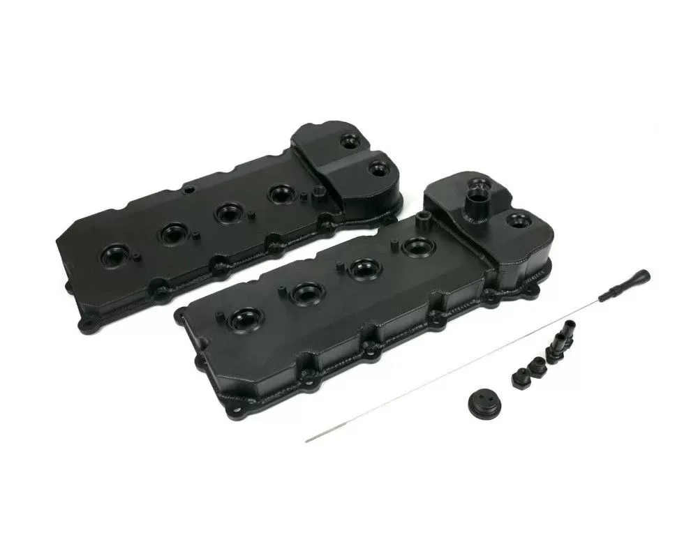 Top Street Performance Coyote Fabricated Aluminum Valve Covers w/ Dipstick Black Anodized Ford 5.0L - 84052BK